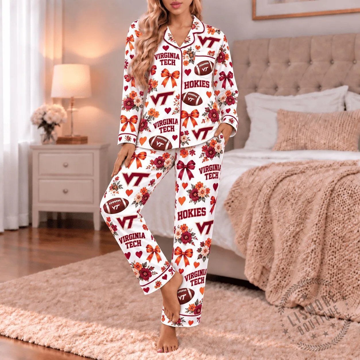 Virginia Tech Hokies Football Floral Pattern Women's Pajamas Set