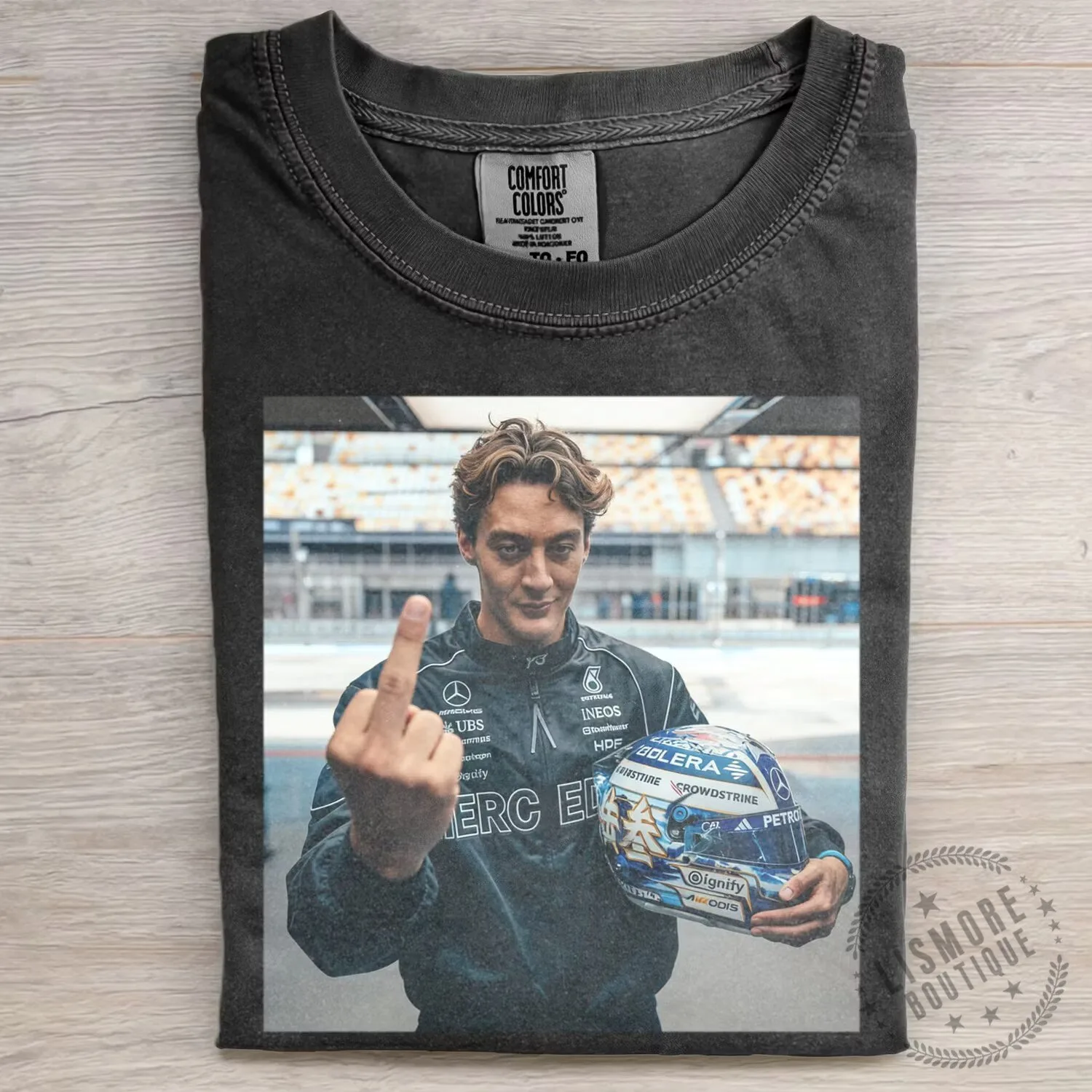 Formula One Racing T-Shirt featuring George Russell's Funny Meme with Middle Finger