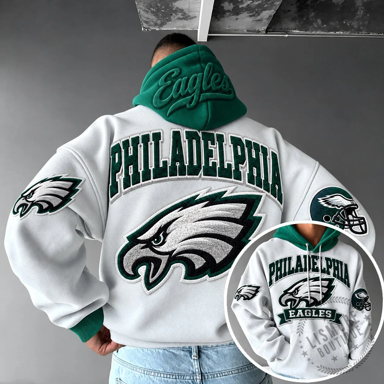 Philadelphia Eagles Embroidered Logo White and Green Hoodie