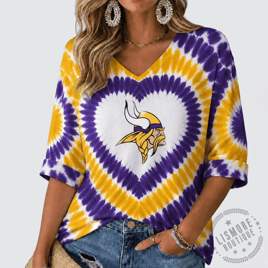 Minnesota Vikings Tie Dye Heart V-Neck Long Sleeve Shirt for Women Minnesota Vikings Tie Dye Heart V-Neck Long Sleeve Shirt for Women