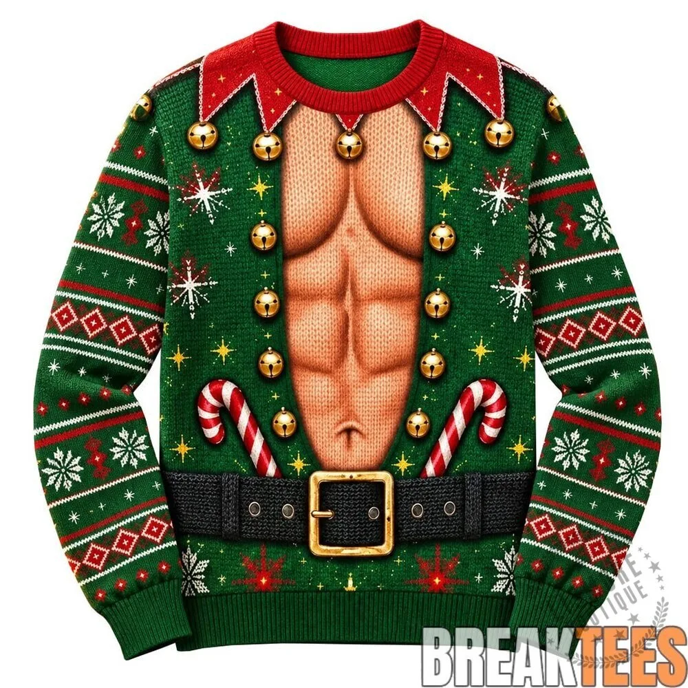 Muscular Chest Elf Ugly Christmas Sweater Holiday Party Sweatshirt