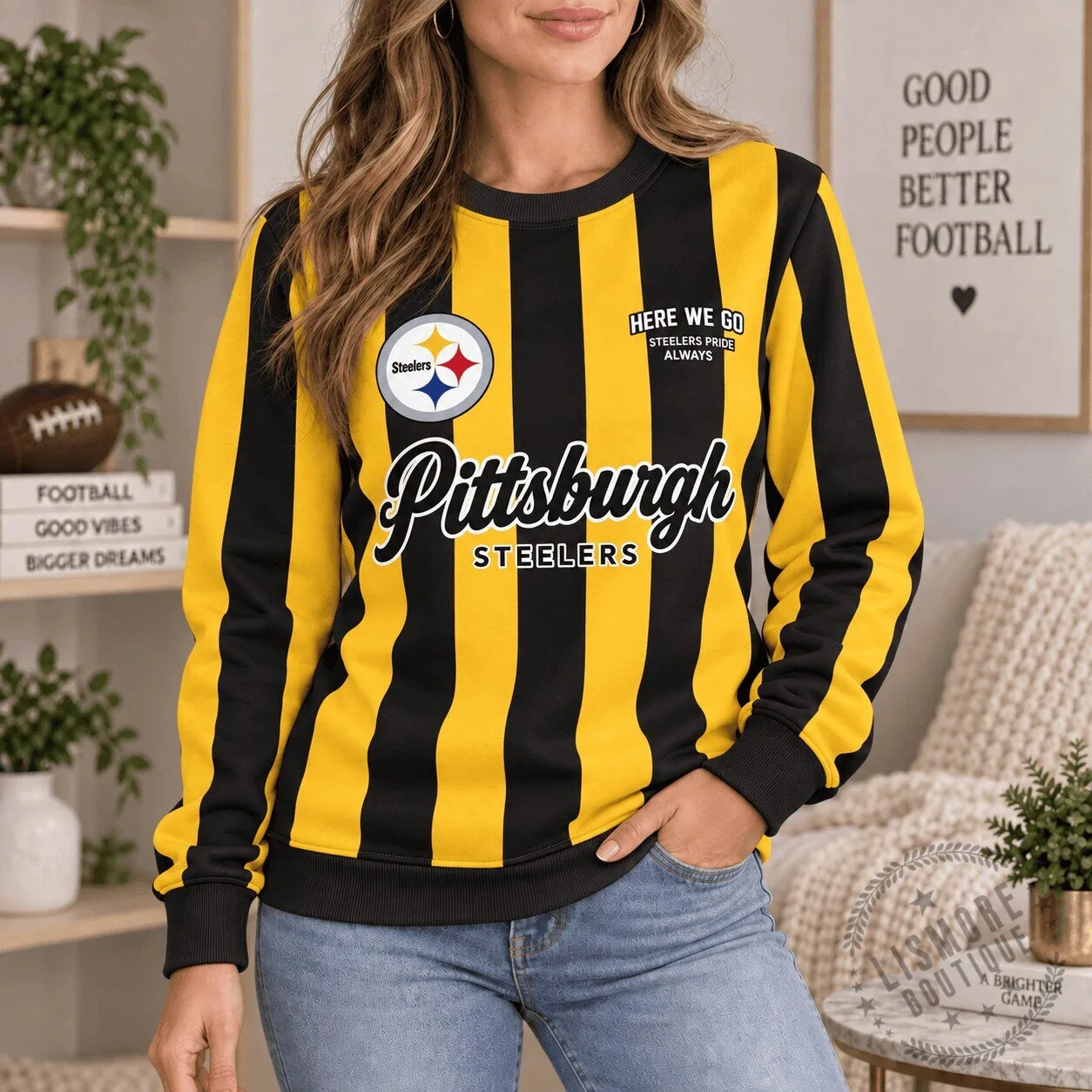 Pittsburgh Steelers Football Team Black and Gold Striped Crewneck Sweatshirt