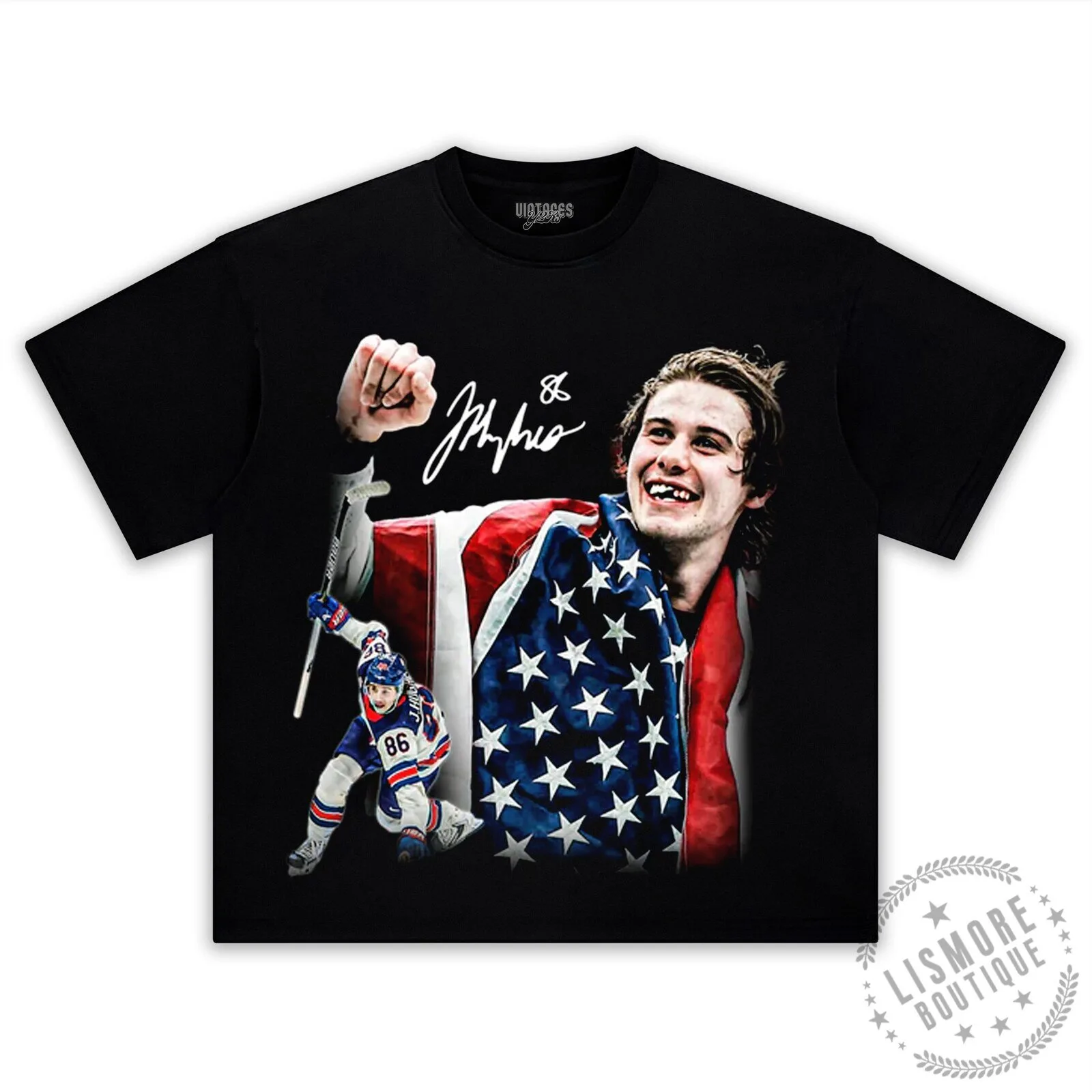 Jack Hughes Golden Goal American Flag Hockey T-Shirt
