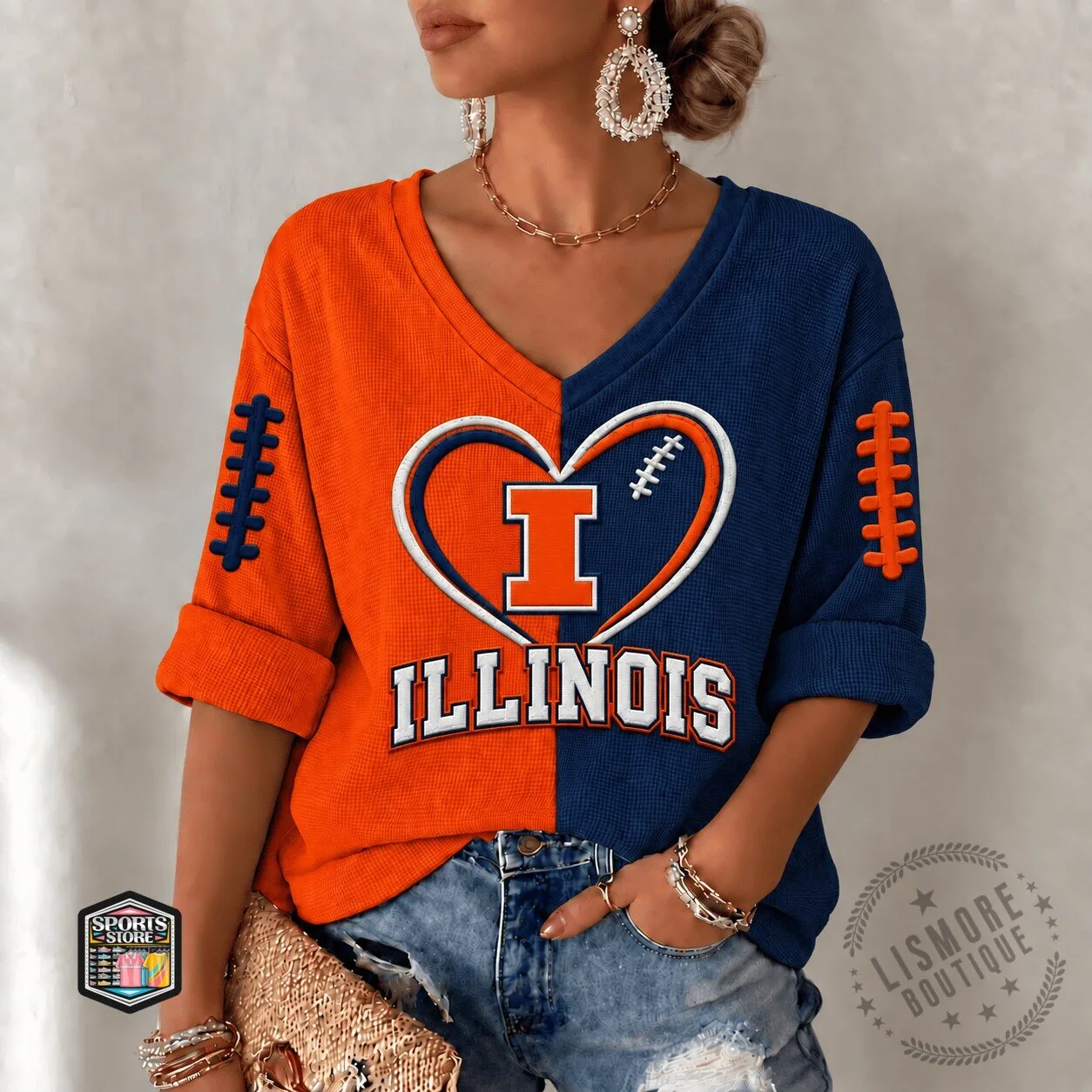 Illinois Fighting Illini Football Heart Split Color V-Neck Long Sleeve Shirt