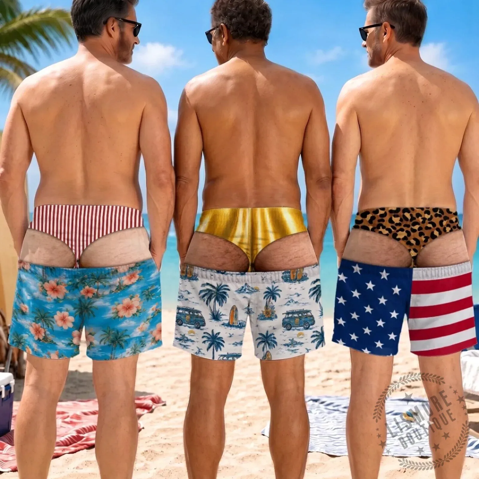 Funny Bikini Illusion Swim Trunks - Personalized Beach Shorts for Men