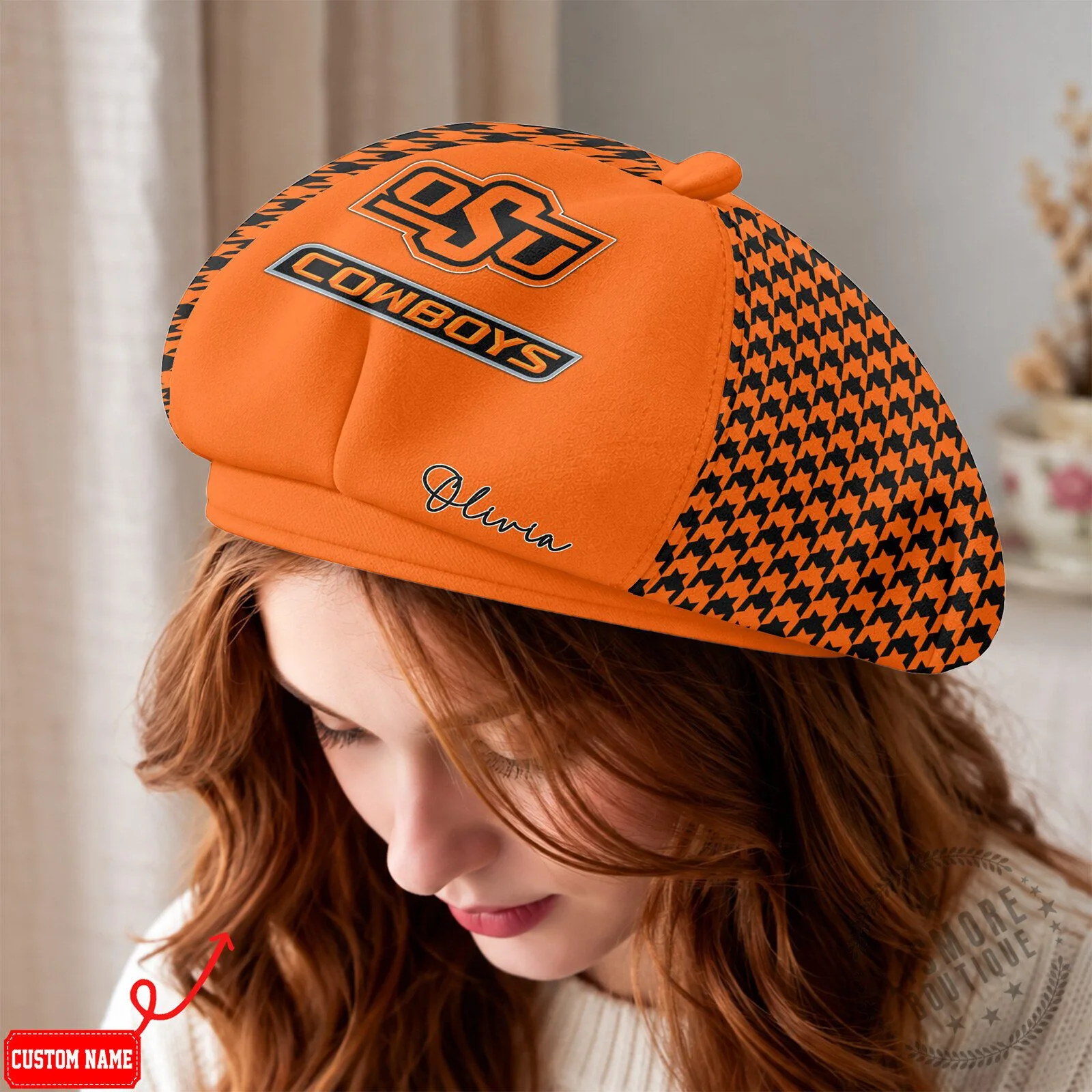 Oklahoma State Cowboys Personalized Houndstooth Beret Cap Hat