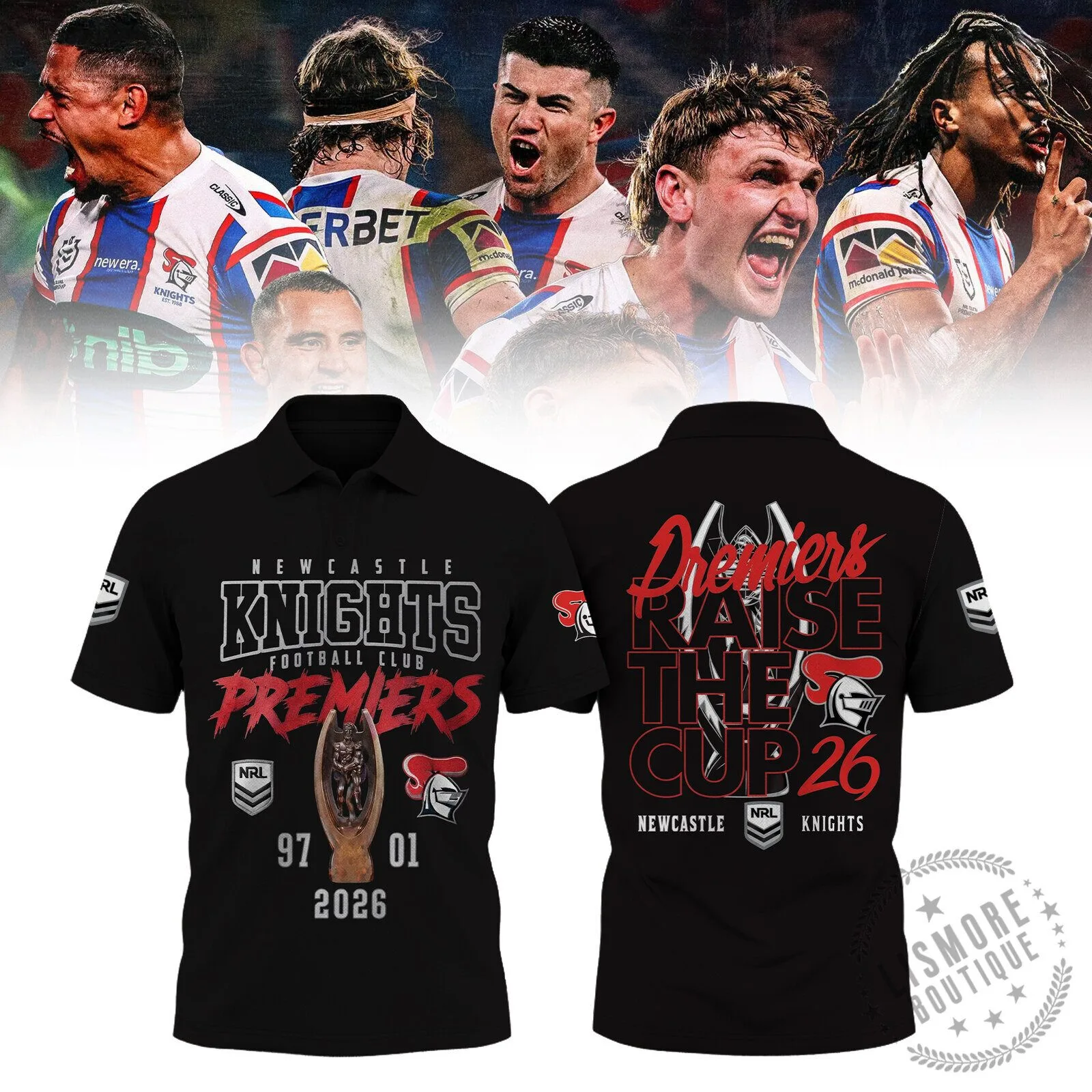 Newcastle Knights Rugby Football Club Premiers Black Polo Shirt