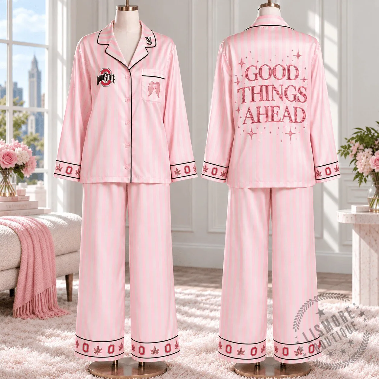 Ohio State University Women's Pink Striped Satin Pajama Set 1 Ohio State University Women