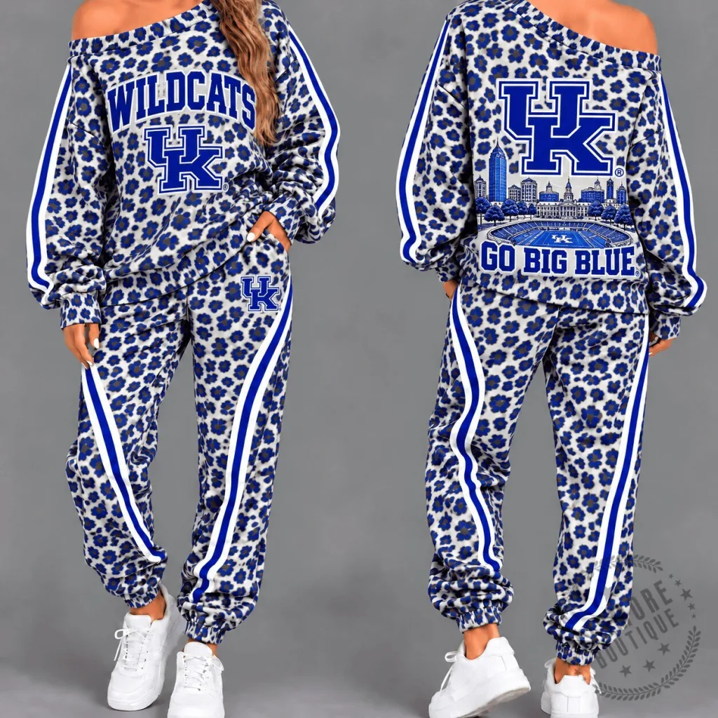 Kentucky Wildcats Leopard Print Off Shoulder Sweatshirt and Jogger Pants Set Kentucky Wildcats Leopard Print Off Shoulder Sweatshirt and Jogger Pants Set