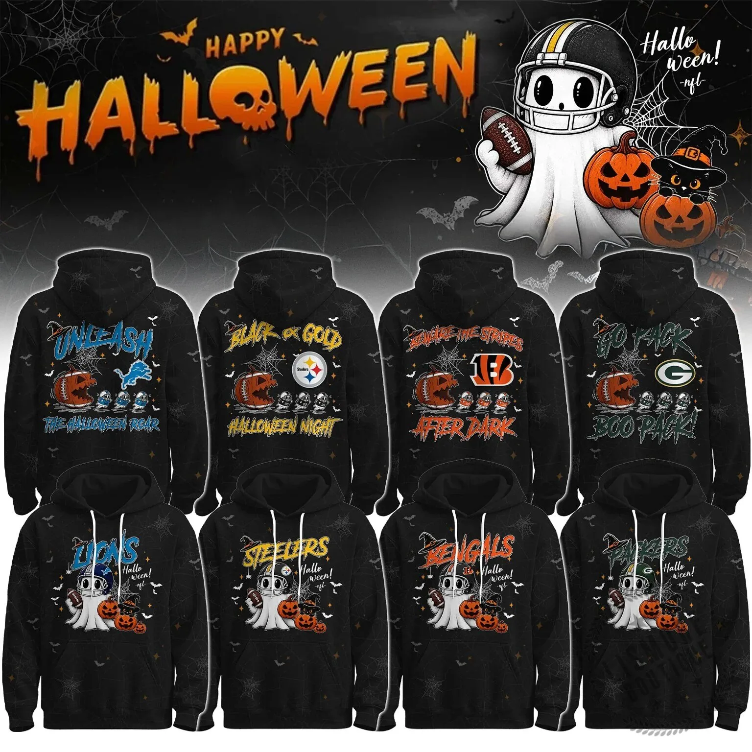 National Football League Team Halloween Ghost and Pumpkin Graphic Hoodie