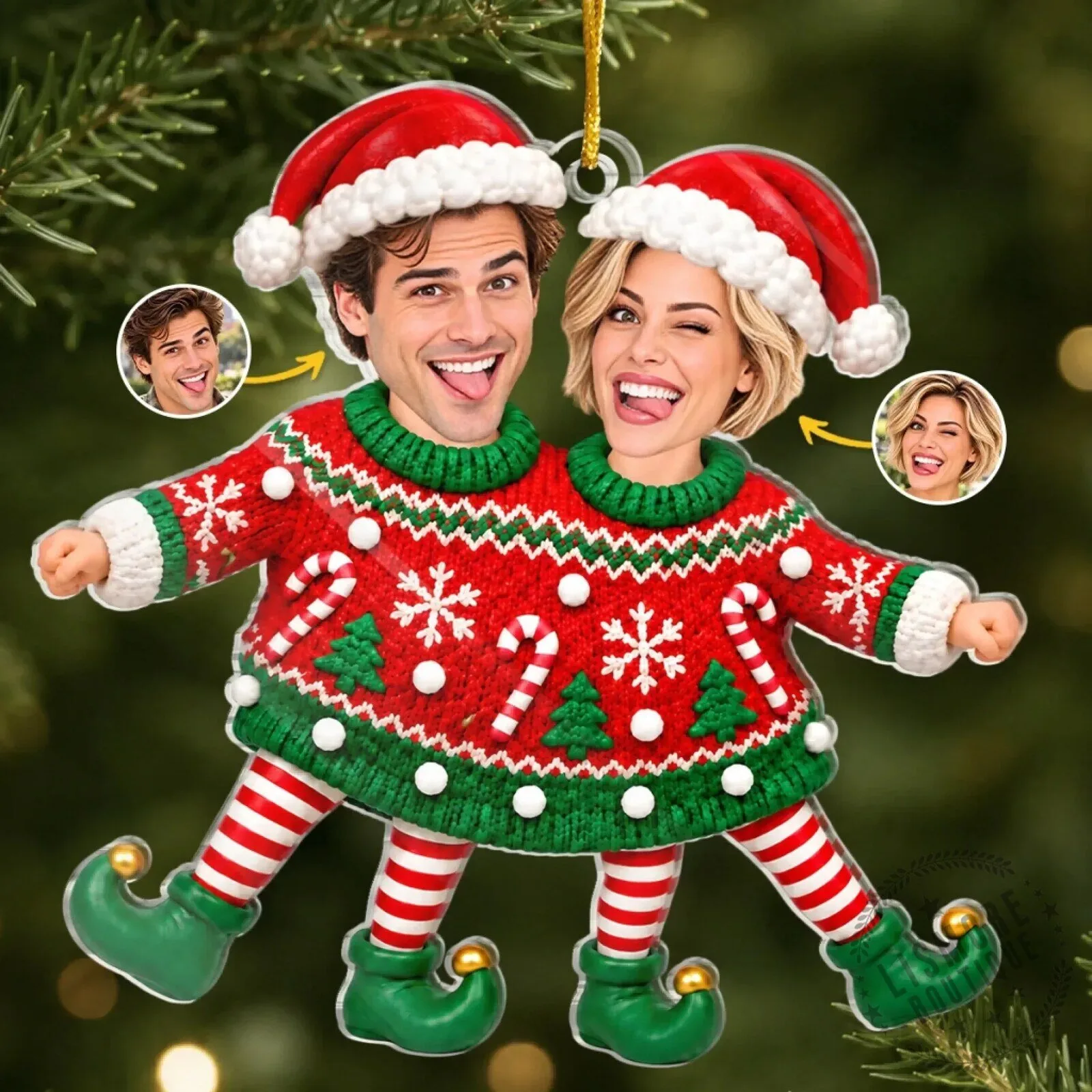 Personalized Couple Elf Ugly Christmas Sweater Holiday Acrylic Ornament