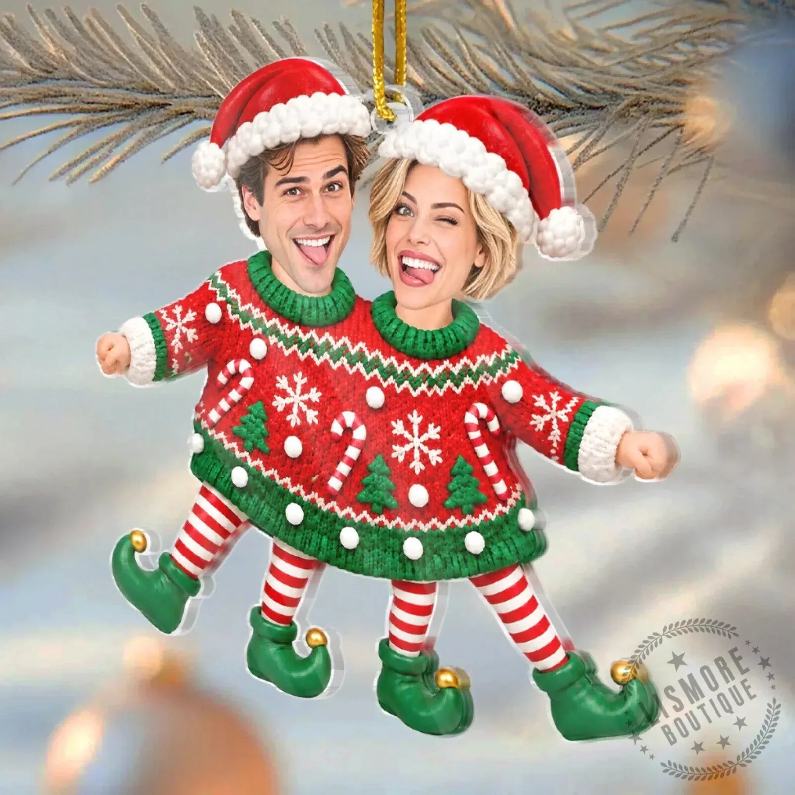 Personalized Couple Elf Ugly Christmas Sweater Holiday Acrylic Ornament 8 Personalized Couple Elf Ugly Christmas Sweater Holiday Acrylic Ornament