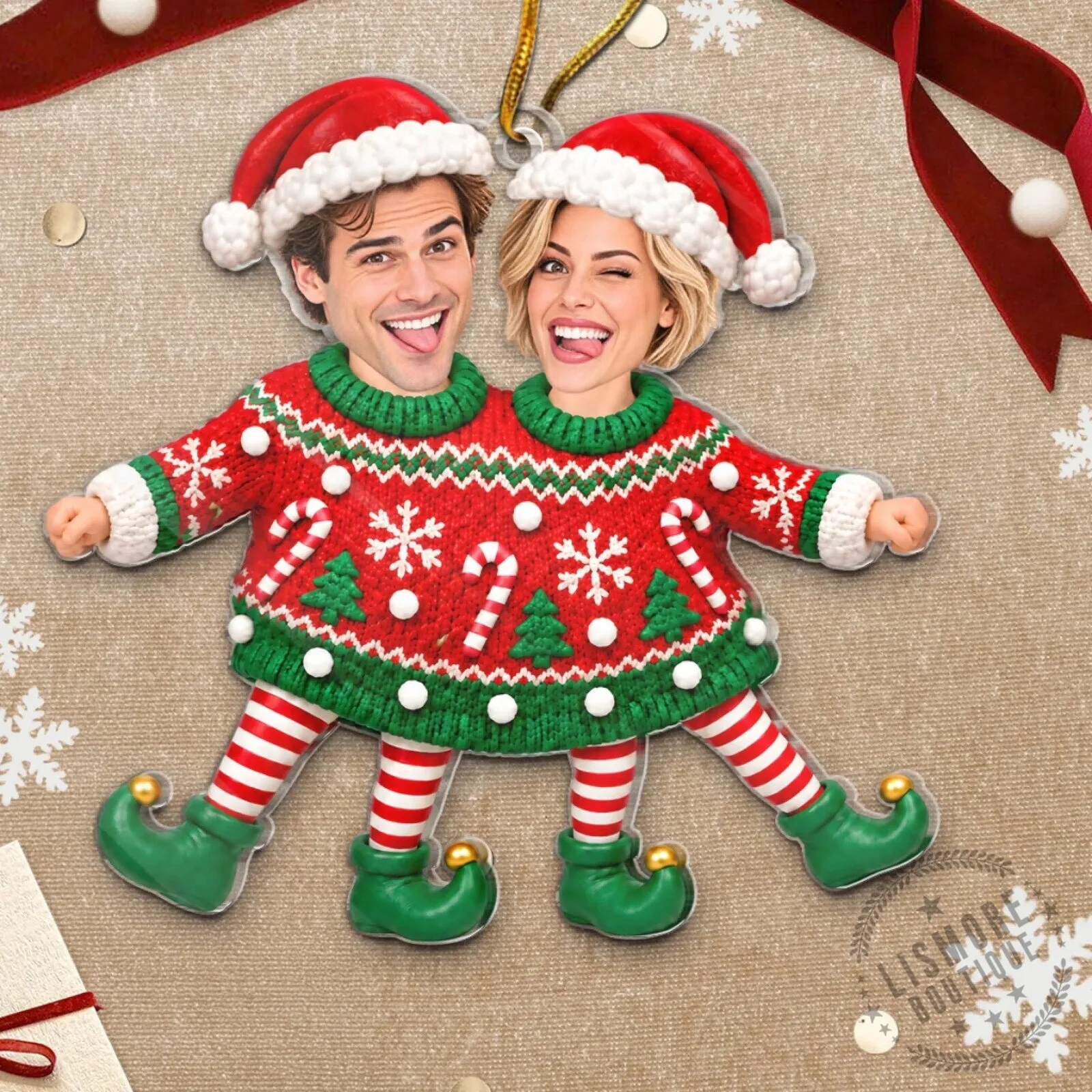 Personalized Couple Elf Ugly Christmas Sweater Holiday Acrylic Ornament 10 Personalized Couple Elf Ugly Christmas Sweater Holiday Acrylic Ornament