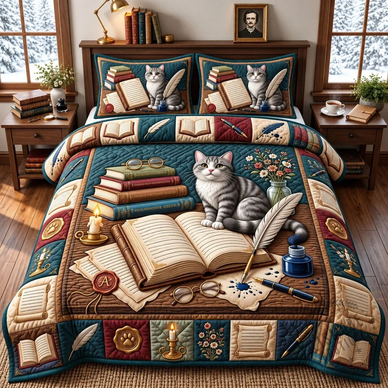 Bookish Cat Reading Books and Quill Pen Quilted Bedding Set 5 Bookish Cat Reading Books and Quill Pen Quilted Bedding Set