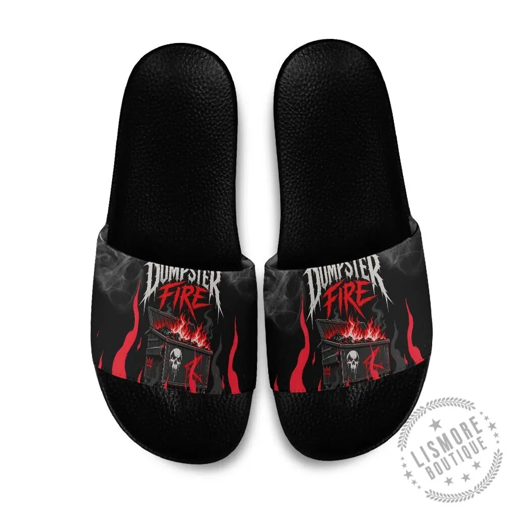 Dumpster Fire Everything Is Fine Skull Flame Sarcastic Art Slide Sandals