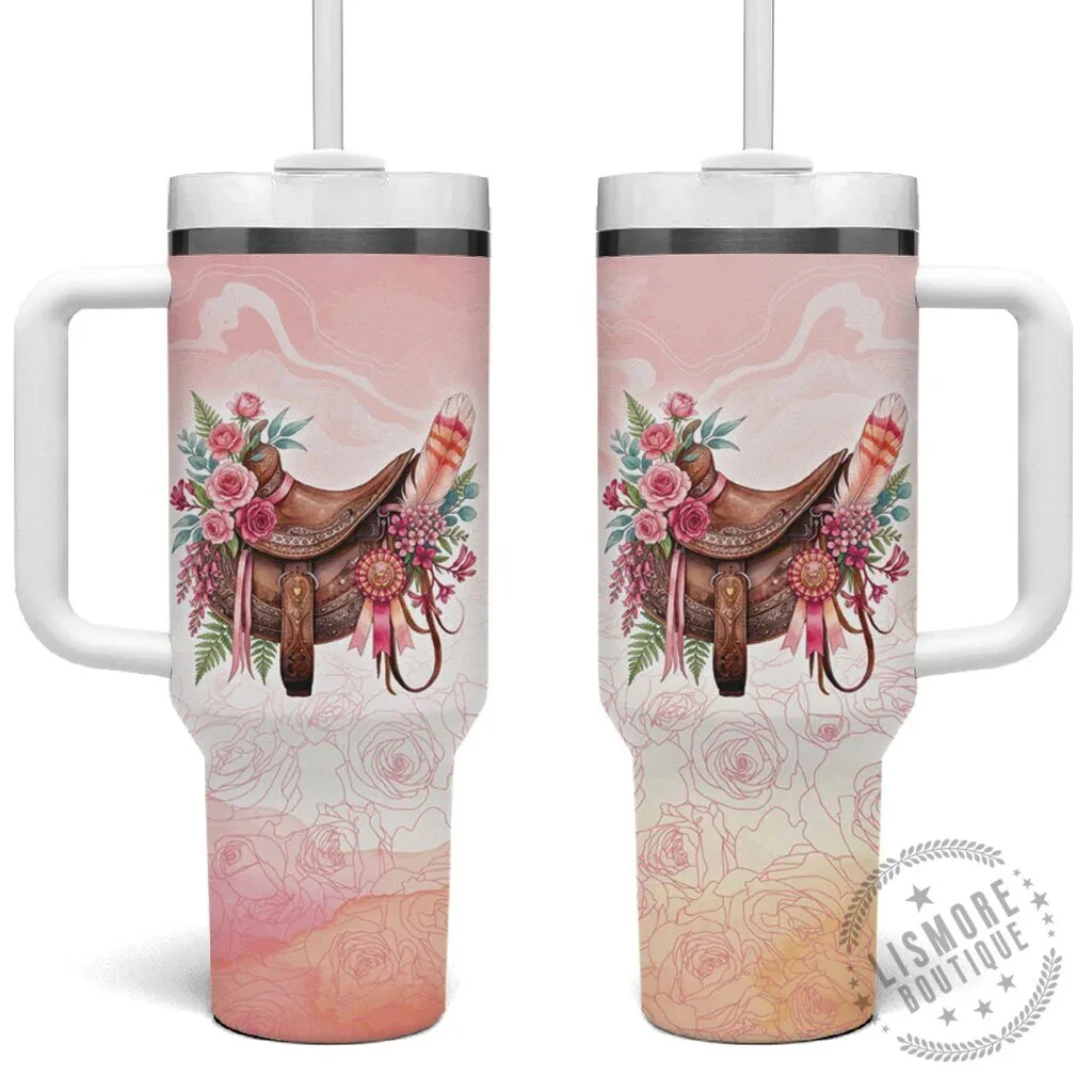 Horse Saddle Floral Pink Rose Waxflower Flowers Tumbler With Handle