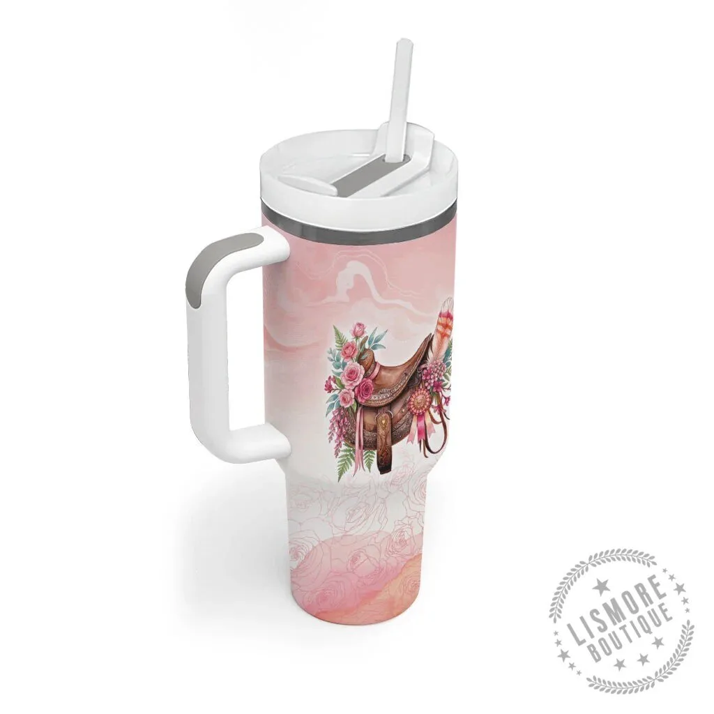 Horse Saddle Floral Pink Rose Waxflower Flowers Tumbler With Handle 7 Horse Saddle Floral Pink Rose Waxflower Flowers Tumbler With Handle