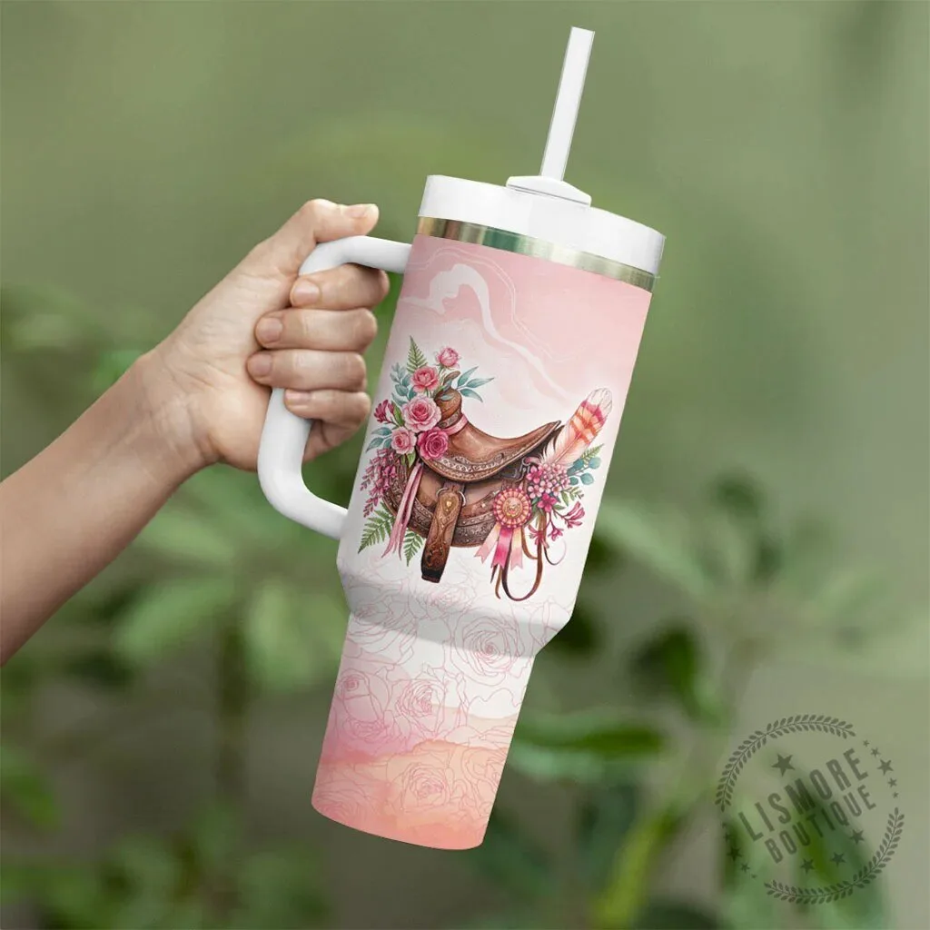 Horse Saddle Floral Pink Rose Waxflower Flowers Tumbler With Handle 8 Horse Saddle Floral Pink Rose Waxflower Flowers Tumbler With Handle
