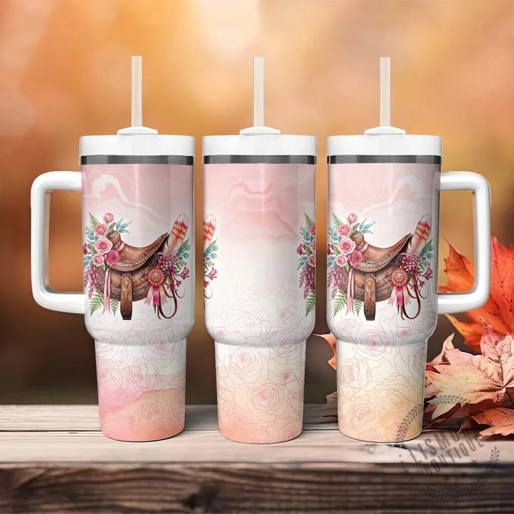 Horse Saddle Floral Pink Rose Waxflower Flowers Tumbler With Handle 9 Horse Saddle Floral Pink Rose Waxflower Flowers Tumbler With Handle