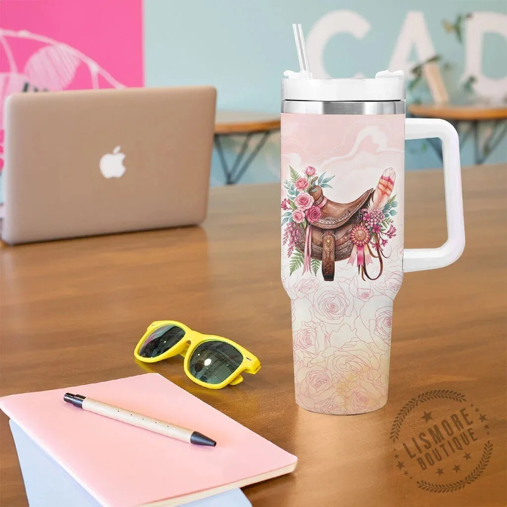 Horse Saddle Floral Pink Rose Waxflower Flowers Tumbler With Handle 10 Horse Saddle Floral Pink Rose Waxflower Flowers Tumbler With Handle