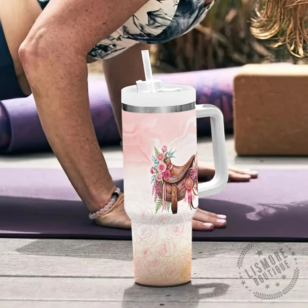 Horse Saddle Floral Pink Rose Waxflower Flowers Tumbler With Handle 11 Horse Saddle Floral Pink Rose Waxflower Flowers Tumbler With Handle