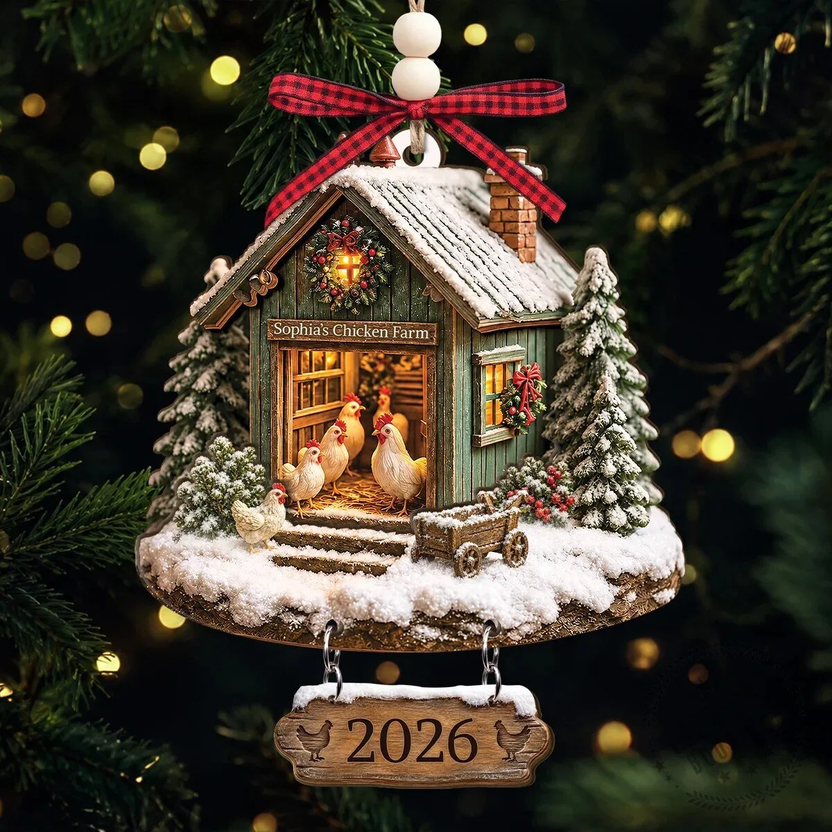 Personalized Chicken Farm Christmas Ornament with Custom Name and Year