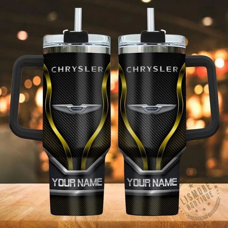 Custom Name Chrysler Car Logo Black Gold Carbon Fiber Insulated Tumbler