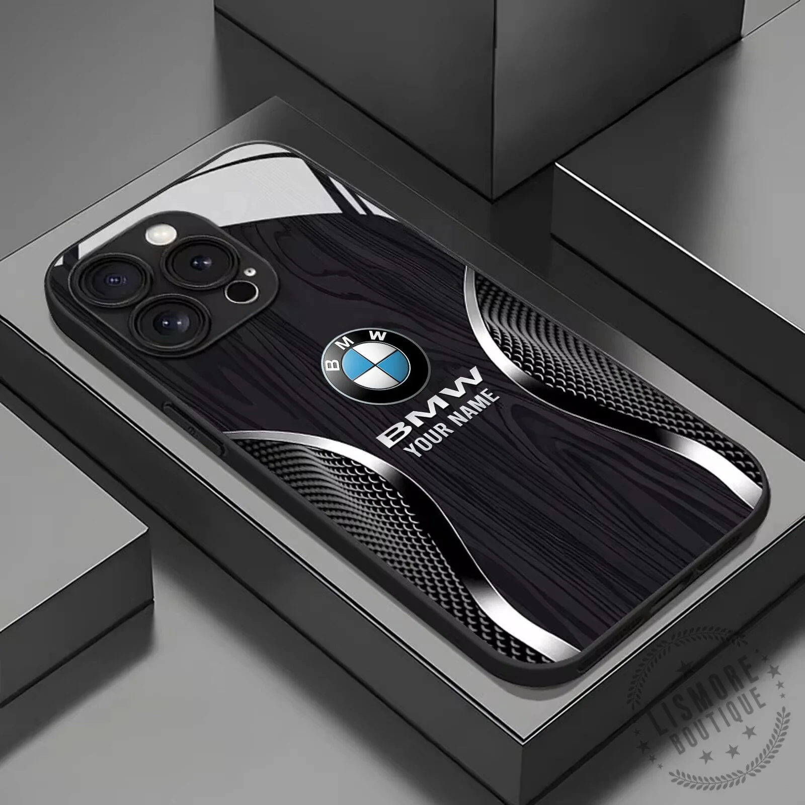 BMW Custom Name Black Wood Grain Design iPhone Case