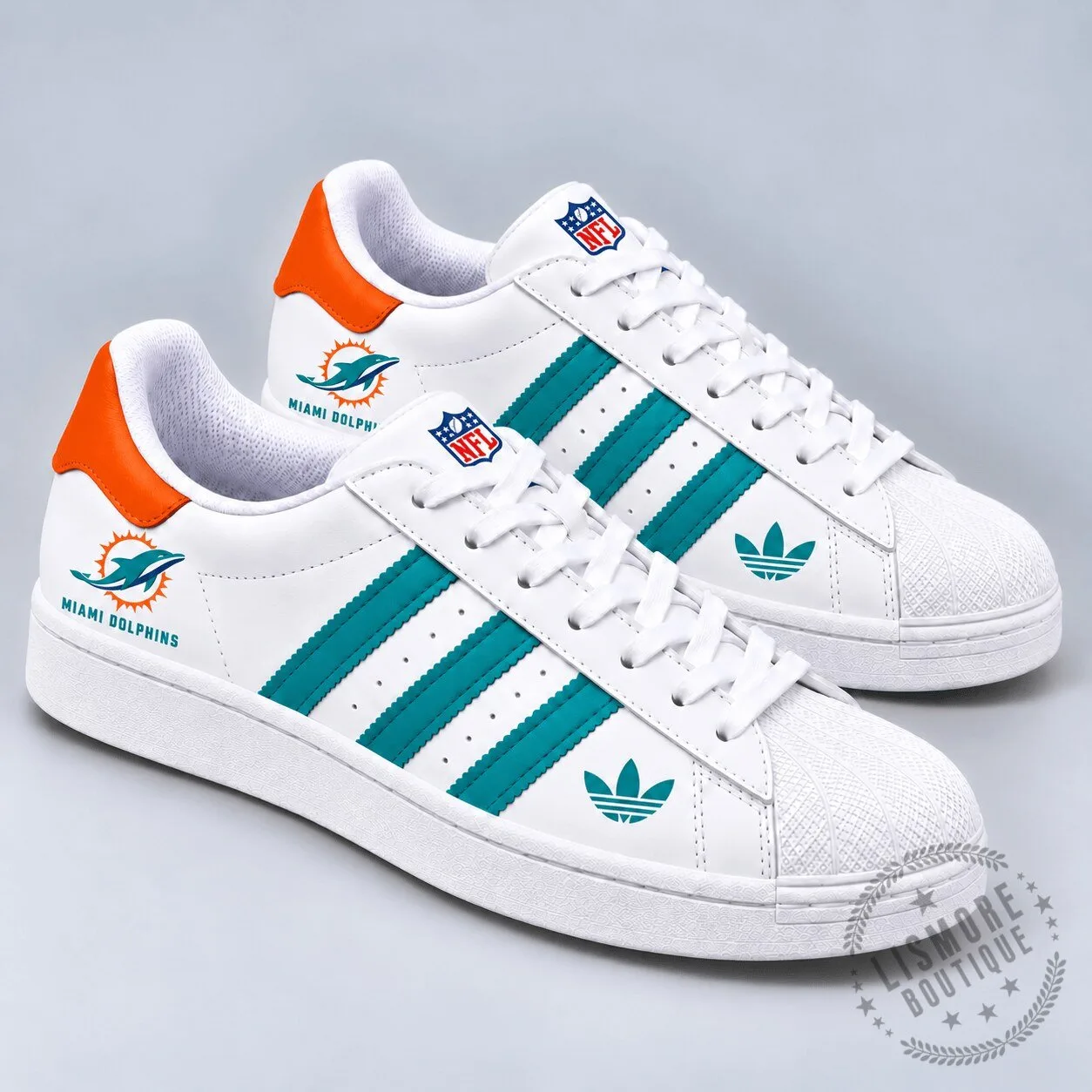 Miami Dolphins NFL Football Team Logo White Striped Sneakers Shoes